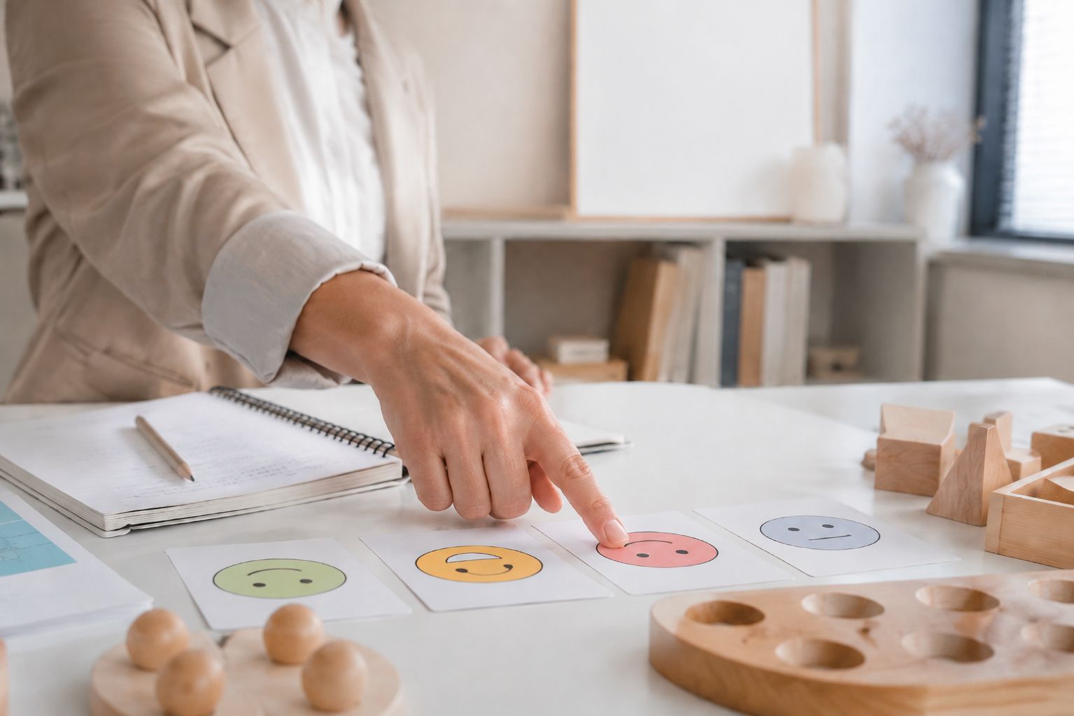 Детский психиатр указывает на карточки с разными эмоциями на рабочем столе
